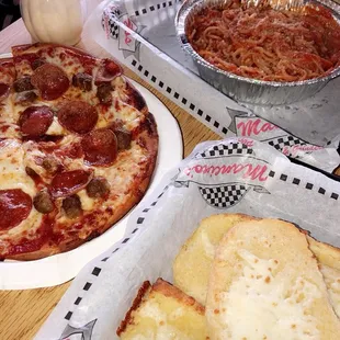 Small Pepperoni and Sausage Pizza, Garlic Cheese Bread, and Spaghetti