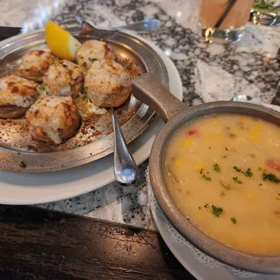 Some of the best corn chowder and crab stuffed mushrooms.
