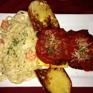 Tour of Italy: Chicken Parmigiana, Beef Lasagna, Shrimp Fettuccine, Garlic Bread