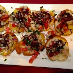 Bruschetta Appetizer: Fresh Tomatoes, Onions and Olive Oil on a Garlic Rubbed Crostini Drizzled with Balsamic Vinegar