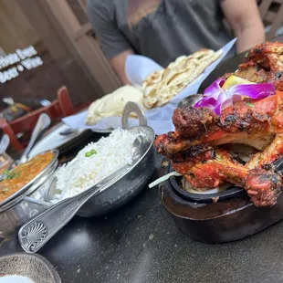 Tandoori chicken, Shrimp coco curry, Chicken tikka masala, Naan