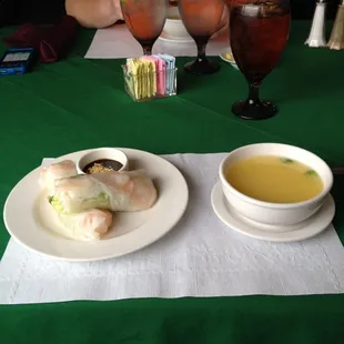 Fresh spring rolls and chicken rice soup.