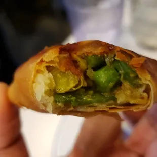 Interior of Yangon samosa ($9), vegan by default. Light and tasty.