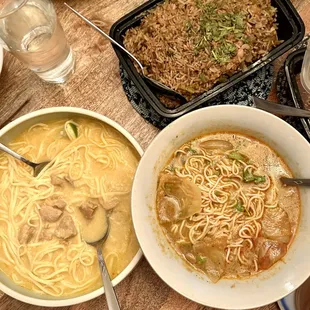 Mustard greens and pork fried rice (really good!), Mohingar Soup (fish broth noodles), Ohnno Kaukswe Soup (chicken coconut curry noodles)