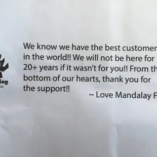 Heartfelt message along with some Halloween treats given to all customers on their last day of operation at their Bonifant St. locaiton.