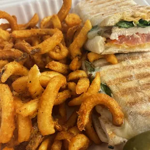 Grilled Spicy Chicken Panini and Curly Fries