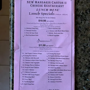 Lunch Menu Specials September 3, 2021