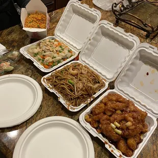 Fried Rice, Almond Chicken, House Noodles, Orange Chicken