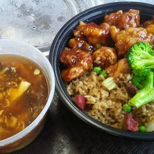 General tso chicken lunch special (less than $8 net..tasty + really good deal! Hit the spot for me)