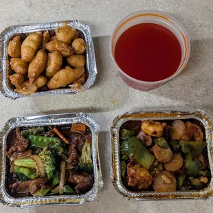 Top: Sweet and sour chicken; Left: Sha Cha beef (much preferred over the chicken version); Right: Kung Pao shrimp
