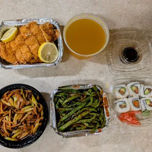 Top: Lemon chicken; Left: Beef with garlic sauce; Middle: Szechuan string beans; Right: Alaskan roll