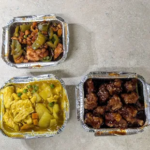Top: Shrimp with cashew nuts; Left: Curry chicken; Right: Honey sesame chicken