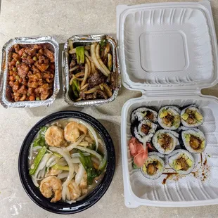 Left: Cashew chicken; Middle: Spring onion beef; Right: Shrimp tempura roll; Bottom: Ginger and onion shrimp [served only in large size]