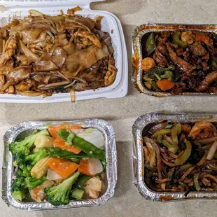 Chicken chow foon, Hunan beef, Imperial shrimp, Shrimp in garlic sauce