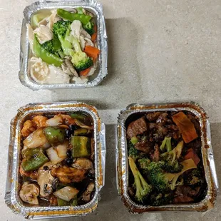 Top: Moo goo gai pan (similar to Imperial chicken, but didn&apos;t like as much); Left: Shrimp black bean sauce; Right: Beef with broccoli
