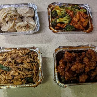 Vegetable dumplings; Broccoli chicken (very saucy and includes carrots); Moo shi chicken; Orange chicken. The 3 entrees are small size.
