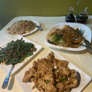 Green beans- salt &amp; pepper pork - Honk Kong Crispy Noodles and Fried rice