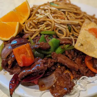Close up of Mongolian Beef with Noodles Lunch Special