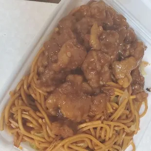 Coconut shrimp half and half noodles and rice