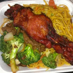 2 item combo, chicken on a stick and beef &amp; broccoli.