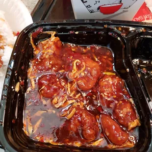 Sesame chicken w/ cabbage.