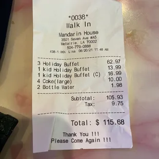 the receipt for the restaurant