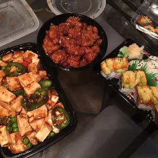 Mapo tofu , general Tso's chicken n Mexican roll n spicy yellowtail roll delivered