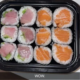 a tray of sushi on a table