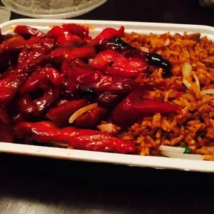 Boneless spare rib tips with pork fried rice (I ordered white)