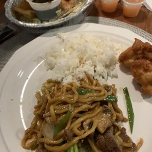 Beef Lo Mein, White Rice, Orange Chicken, Potstickers