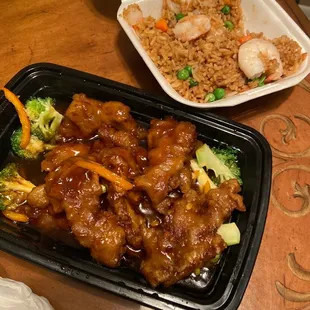 Orange beef and shrimp fried rice