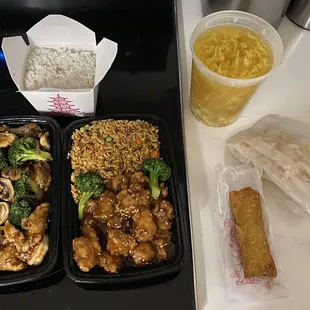 S9. Hunan Triple and D7. Sesame Chicken Dinner Combo. 19. Quart of Wonton Egg Drop Soup