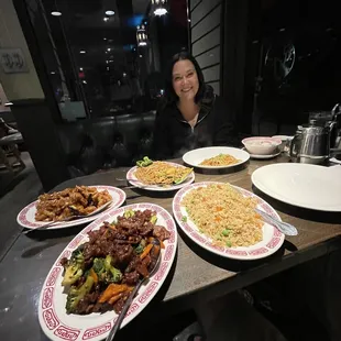 Wonton soup, egg fried rice, vegetable chow main, orange peel chicken &amp; broccoli beef