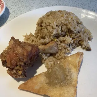 Fried chicken, fried rice, potsticker