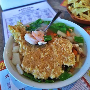 Sizzling Rice Soup Beef, Chicken and Shrimp  Wowed only 6 bucks a mega Deal