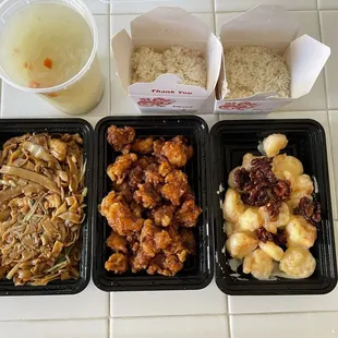 Egg Flower Soup, chicken chowfun, orange chicken, walnut shrimp and two servings of rice (included)