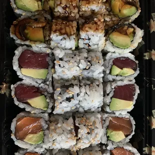 Eel, tuna and salmon avo rolls