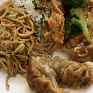 lo mein, chicken and broccoli, and fried dumplings