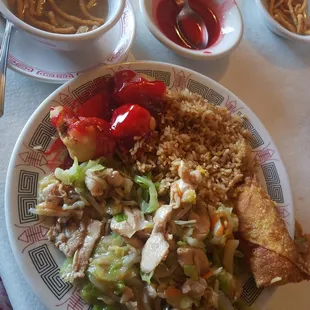 We are in heaven! One of our favorite places across the river.   Chicken chow mein, fried rice, egg roll and sweet and sour pork.