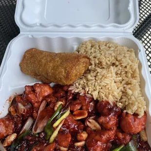 Kung pao chicken lunch special with egg roll and fried rice