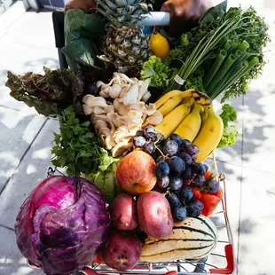 a person holding a shopping cart full of fruits and vegetables