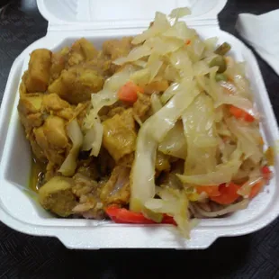 Curry, rice and peas and cabbage