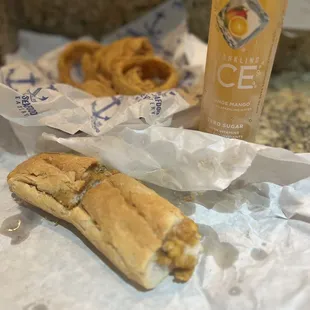 Small catfish poboy and onion rings. Quality of fish good, but the size is pretty small for the price.