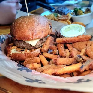 Ragin Cajun burger with egg plant fries