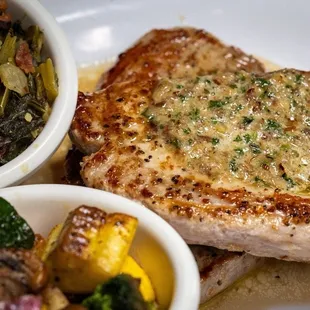 Pork ribeye with mushroom butter collard greens and mixed veggies