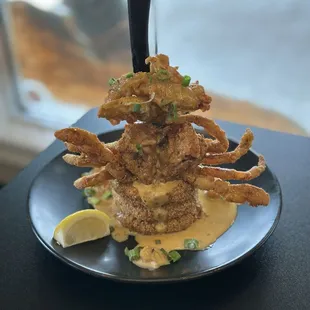 This was a special: Softshell crab and green tomato stacker with crawfish cream sauce.