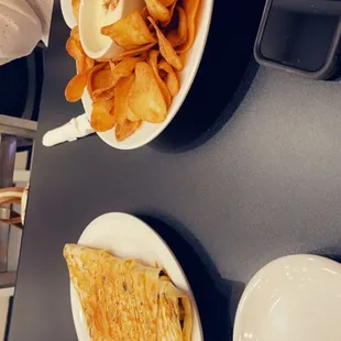 Appetizers: Duck quesadillas and queso and homemade chips