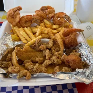 Cajun Platter.  6 shrimp, 1 fish, crawfish, fries