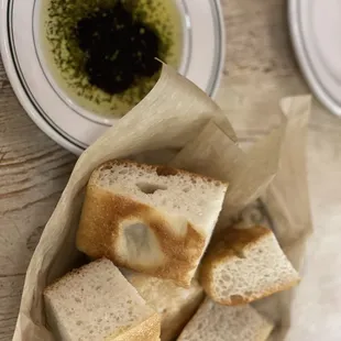 a plate of bread and a bowl of olive oil