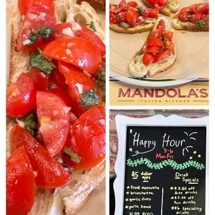 #HappyHour calls for fresh #Bruschetta. L(･‿･)VED the garlic toast topped w/sweet tomatoes, garlic, basil &amp; virgin olive oil.